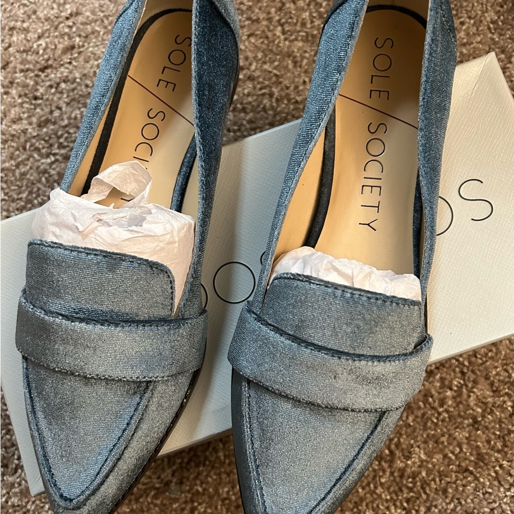 Beautiful light blue velvet loafers.